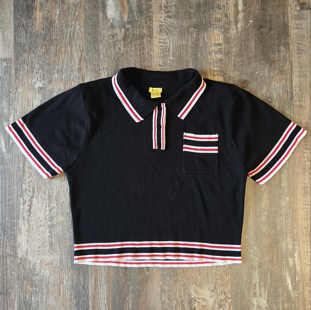 Daisy Cropped Black Polo with Red and White Accents Preppy Eclectic Grandpa